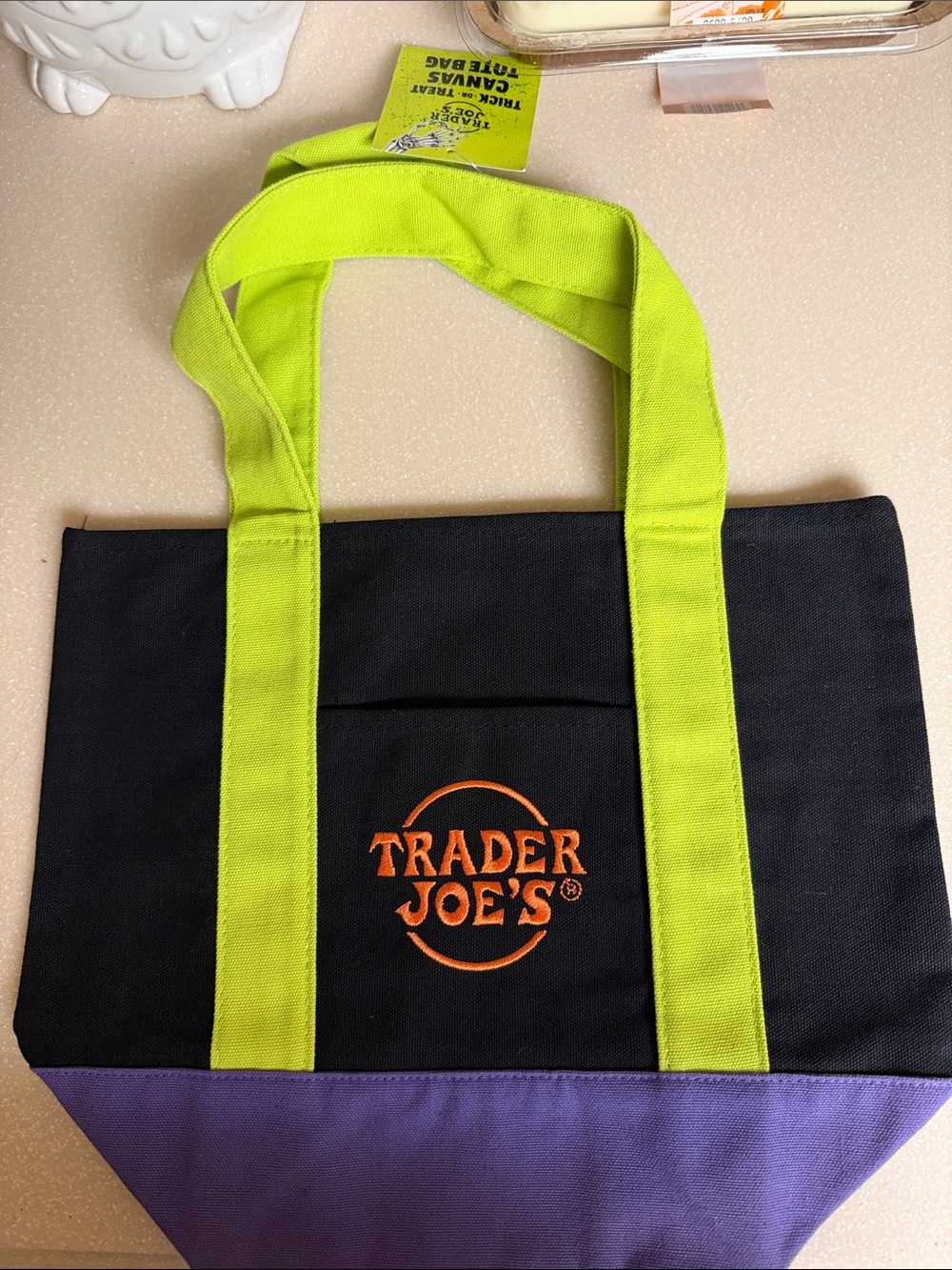 Black & Lime Green Canvas Tote with Purple Base
